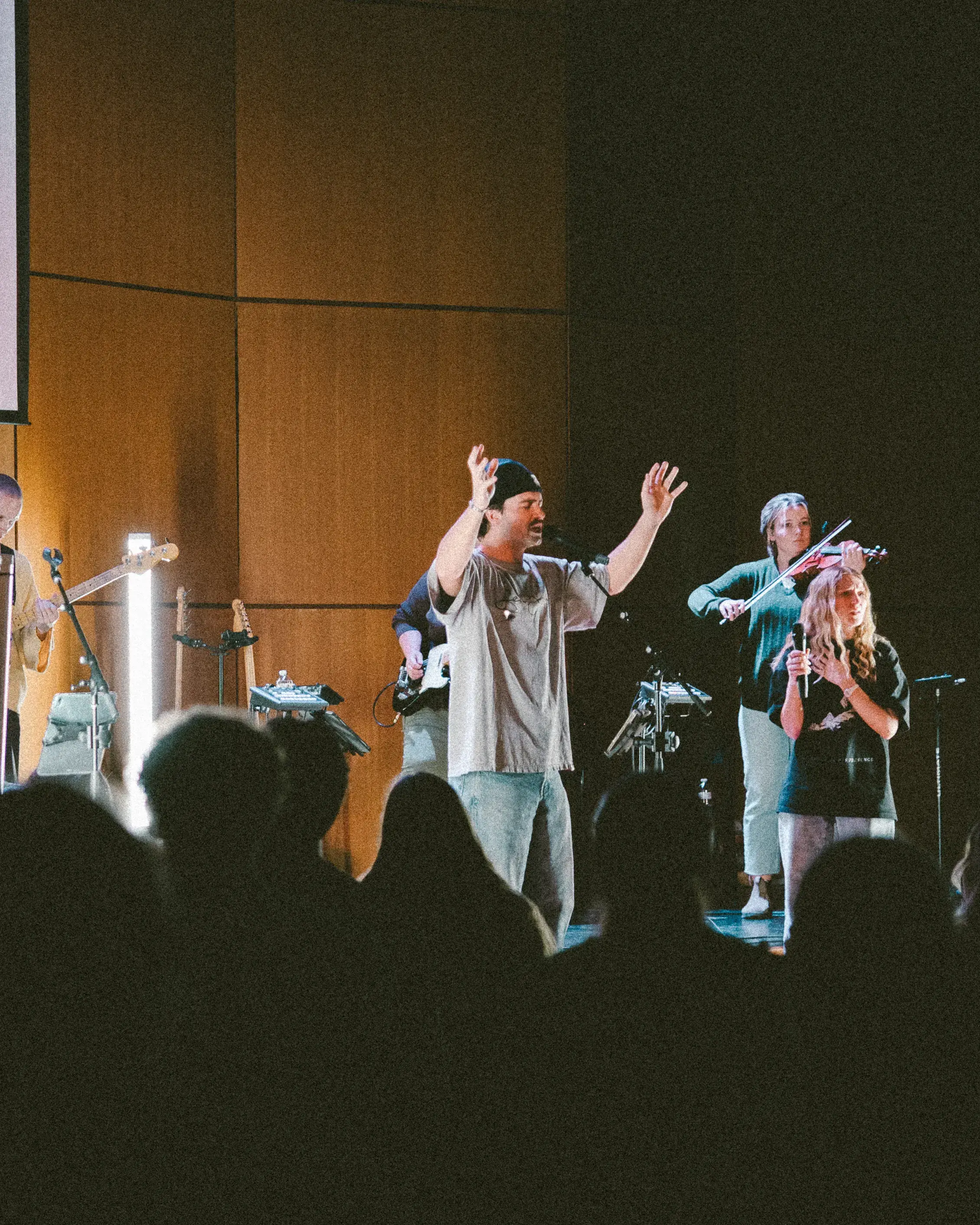 The worship team leading a packed room at Monday Nights in Nashville